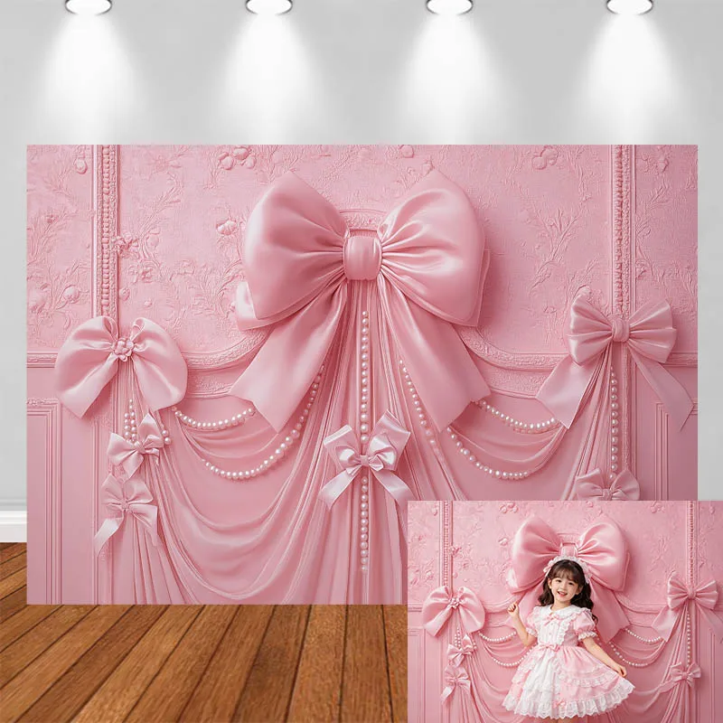 

LS Photography Backdrop Pink Bow Pearl Decor Birthday Baby Shower Cake Smash Wedding Adult Kids Portrait Photo Background Studio