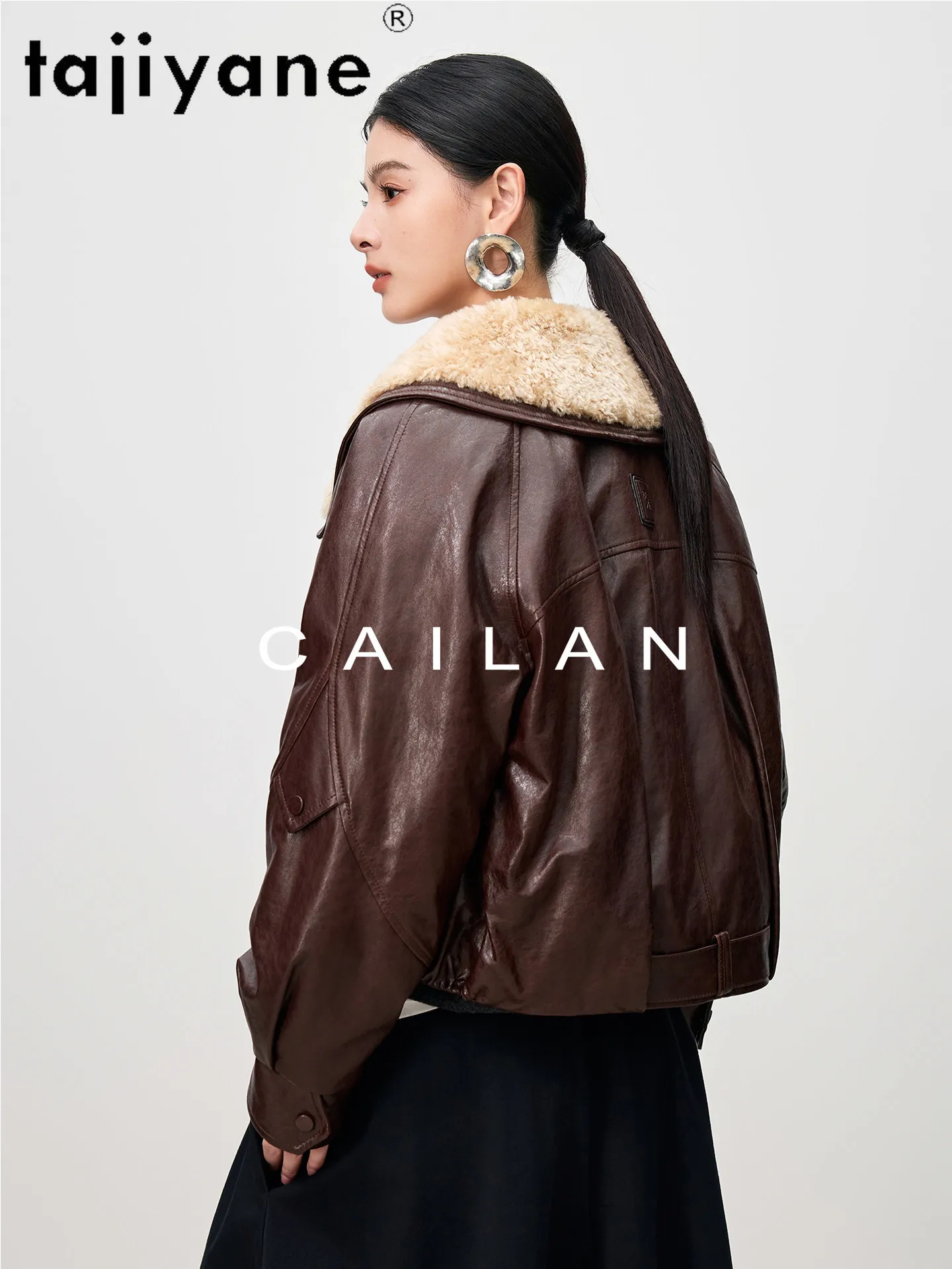 TAJIYANE シープスキン グースダウンジャケット レディース ウールカラー 本革 パファージャケット ショート丈 暖かいダウンコート 2025 冬服 패딩