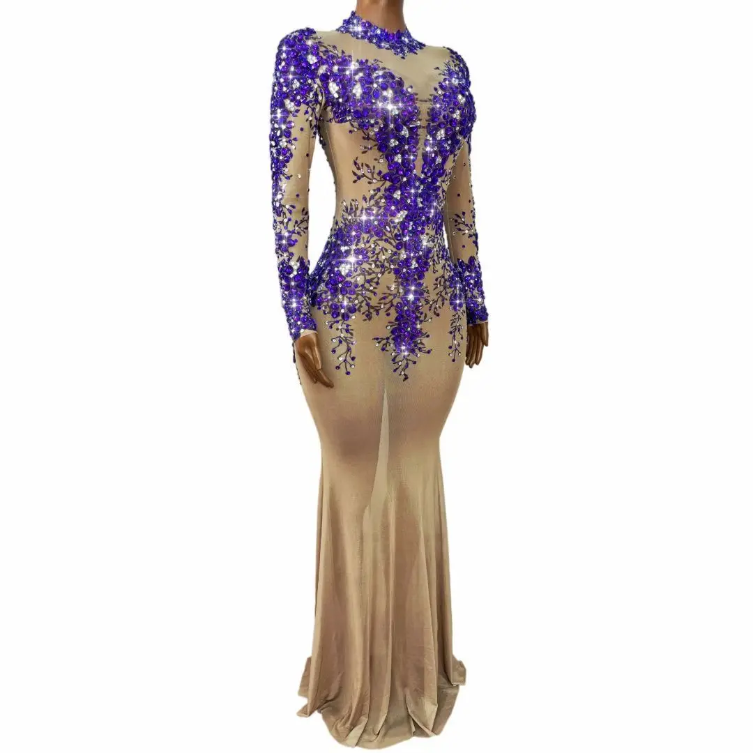 Zimeihua Luxury Purple Flower Crystal Embellished Long Gown High Neck Long Sleeve Sheer Mesh Formal Gala Party Outfit
