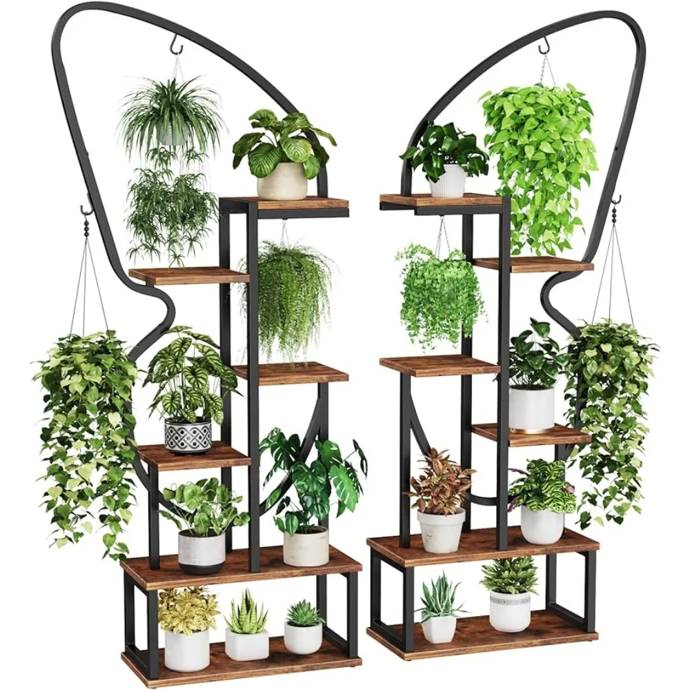 

6-layer indoor butterfly shaped plant rack, tall metal plant rack with 6 plant hooks and 12 adjustable feet (set of 2)
