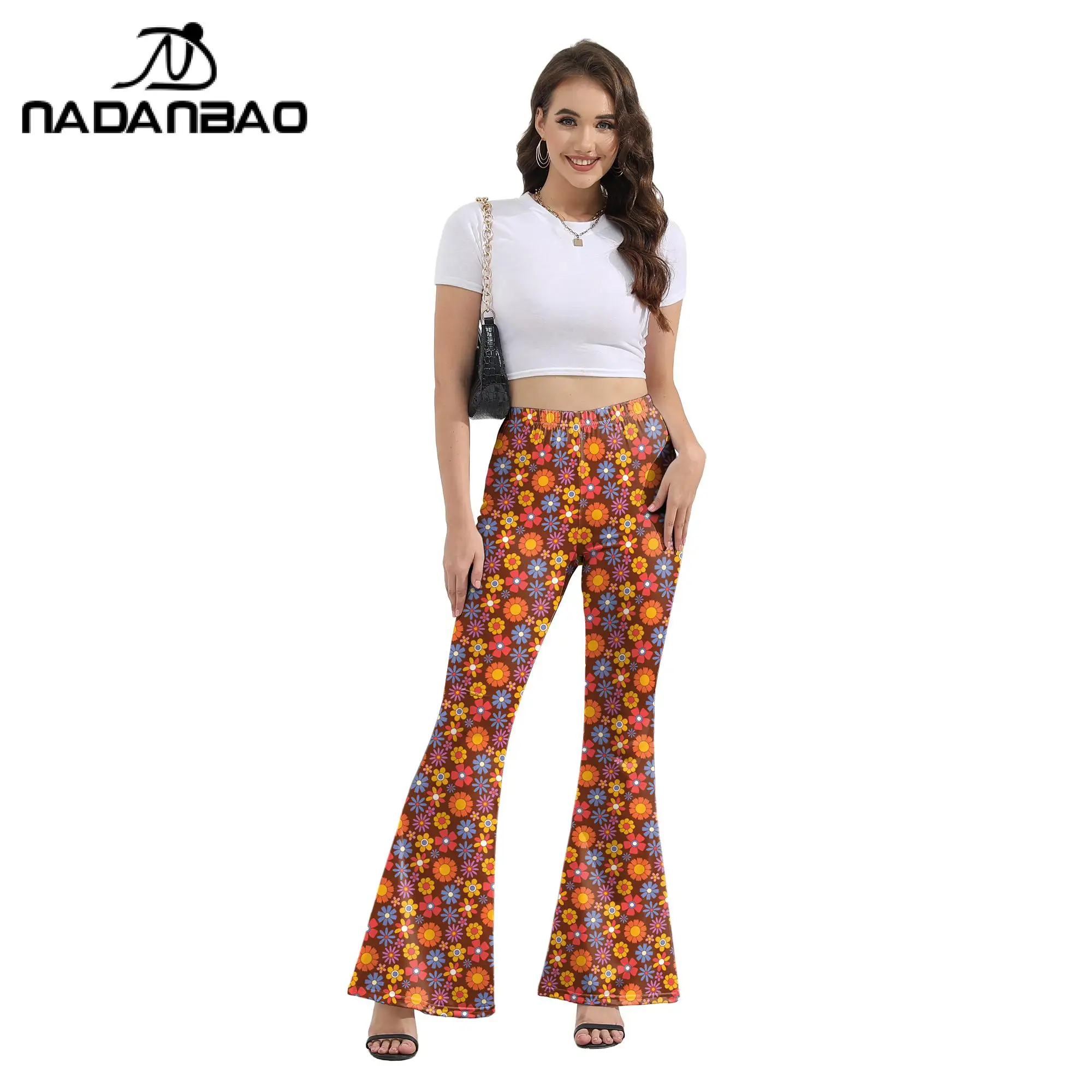 Nadanbao-Pantalon large taille haute imprimé rétro pour femme, pantalon de sport élastique, pantalon évasé, pantalon à cloche imprimé FJM, hippicopter