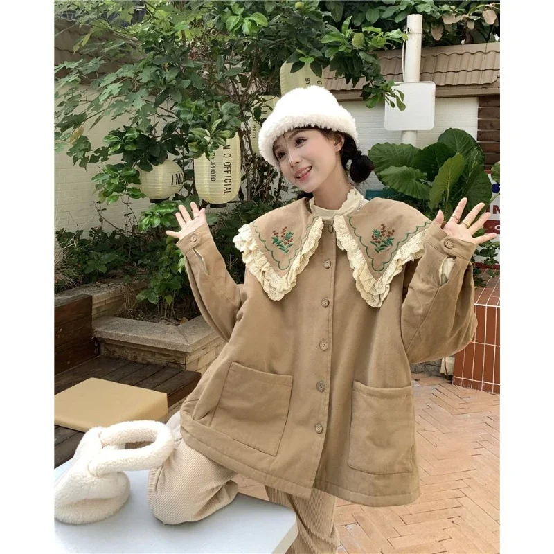 Vintage Sweet Mori Girl Style Autumn Winter Jacket Women Korean Fashion Double Layer Doll Collar Lace Edge Embroidery Loose Coat