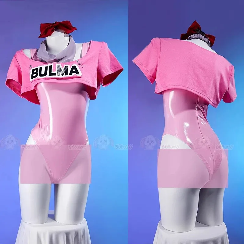 Anime Bulma Cosplay Costume Wig Women Short T-shirt Sexy Leather Bodysuit Headwear Scarf Belt Bag Set Halloween Carnival Clothes