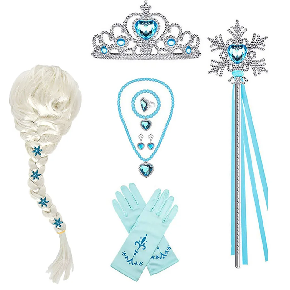 

Princess Accessories Gloves Wand Crown Jewelry Set Elsa Wig Necklace Braid for Princess Dress Clothing Cosplay Dress UP