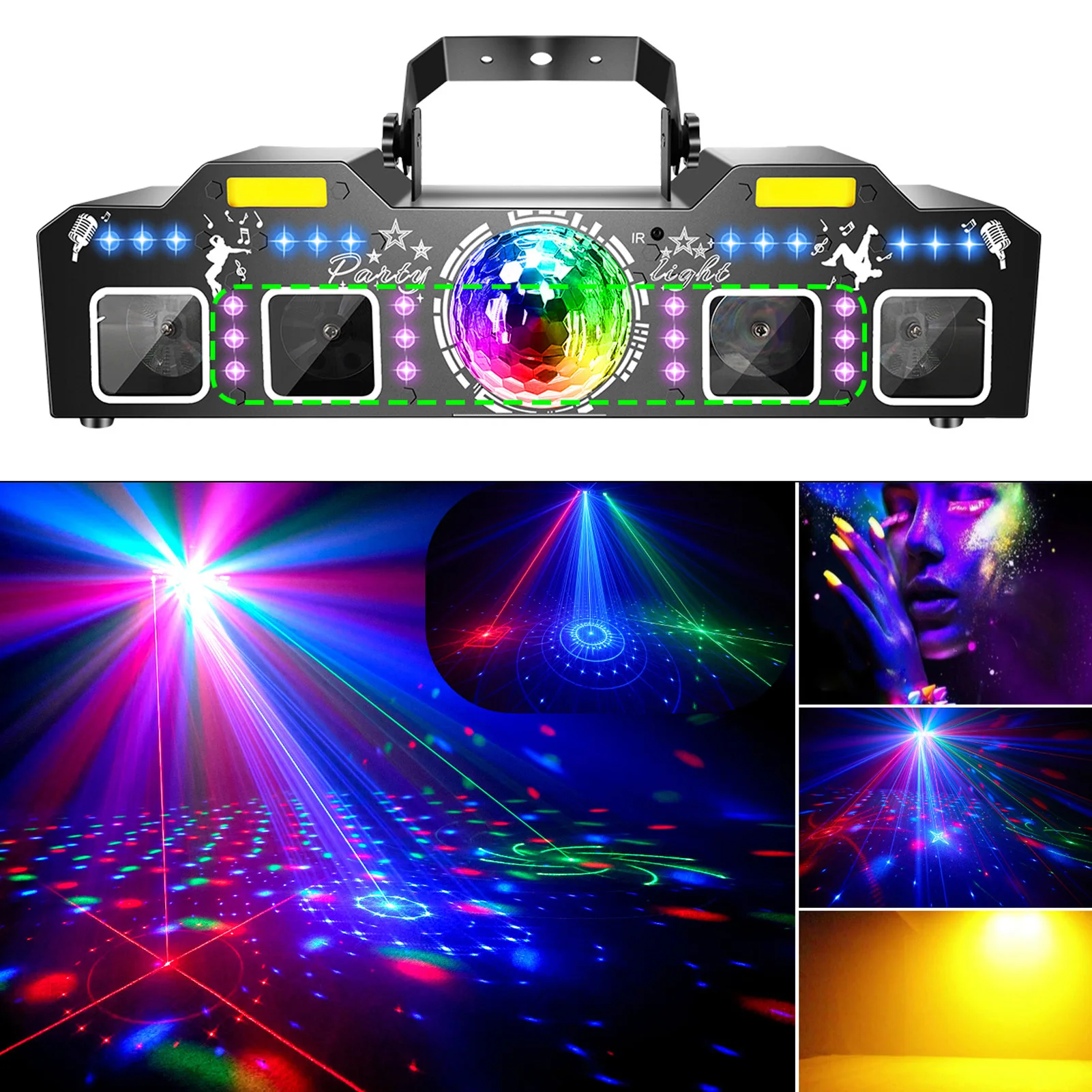 5-in-1 Stage Lighting Projector 96 Patterns + Magic Ball Effect + LED Par Light + UVLight + Golden Strobe Sound