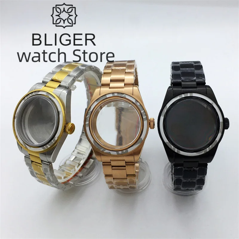 BLIGER 39mm BB58 Watch Case Dome Glass Sapphire Glass Fits NH34 NH35 NH36 2824 PT5000 Movement Stainless Steel Bracelet