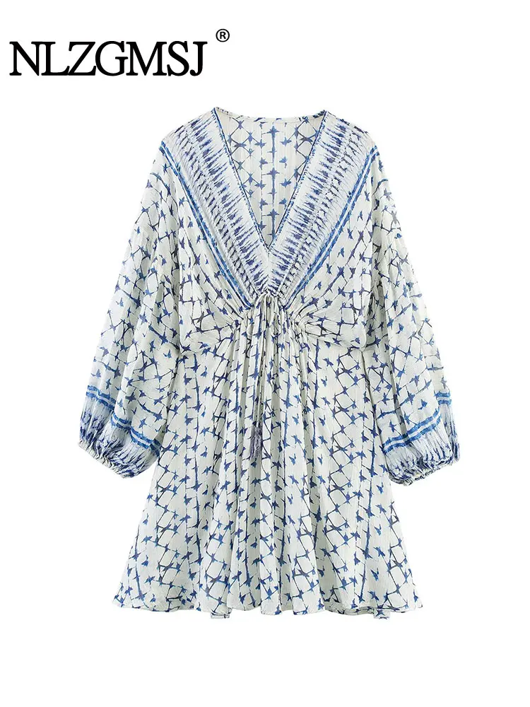 2025 Summer Vintage Casual Chic Women Dress Floral Print V-Neck Long Sleeve Mini Dress New Fashion Holiday Dress