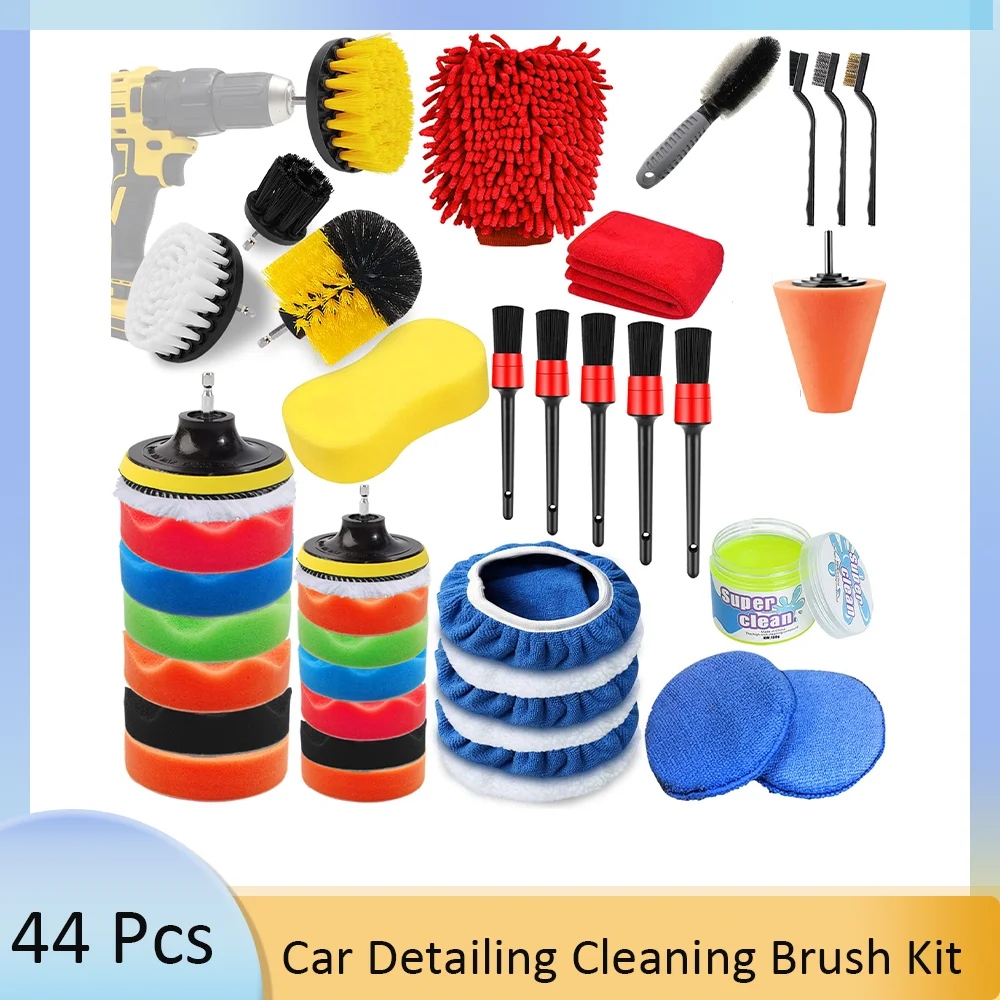 

44PCS Car Detailing Cleaning Brush Kit with Wool Sponge Pads and Woolen Microfiber Polishing Bonnet for Car Polishing and Waxing