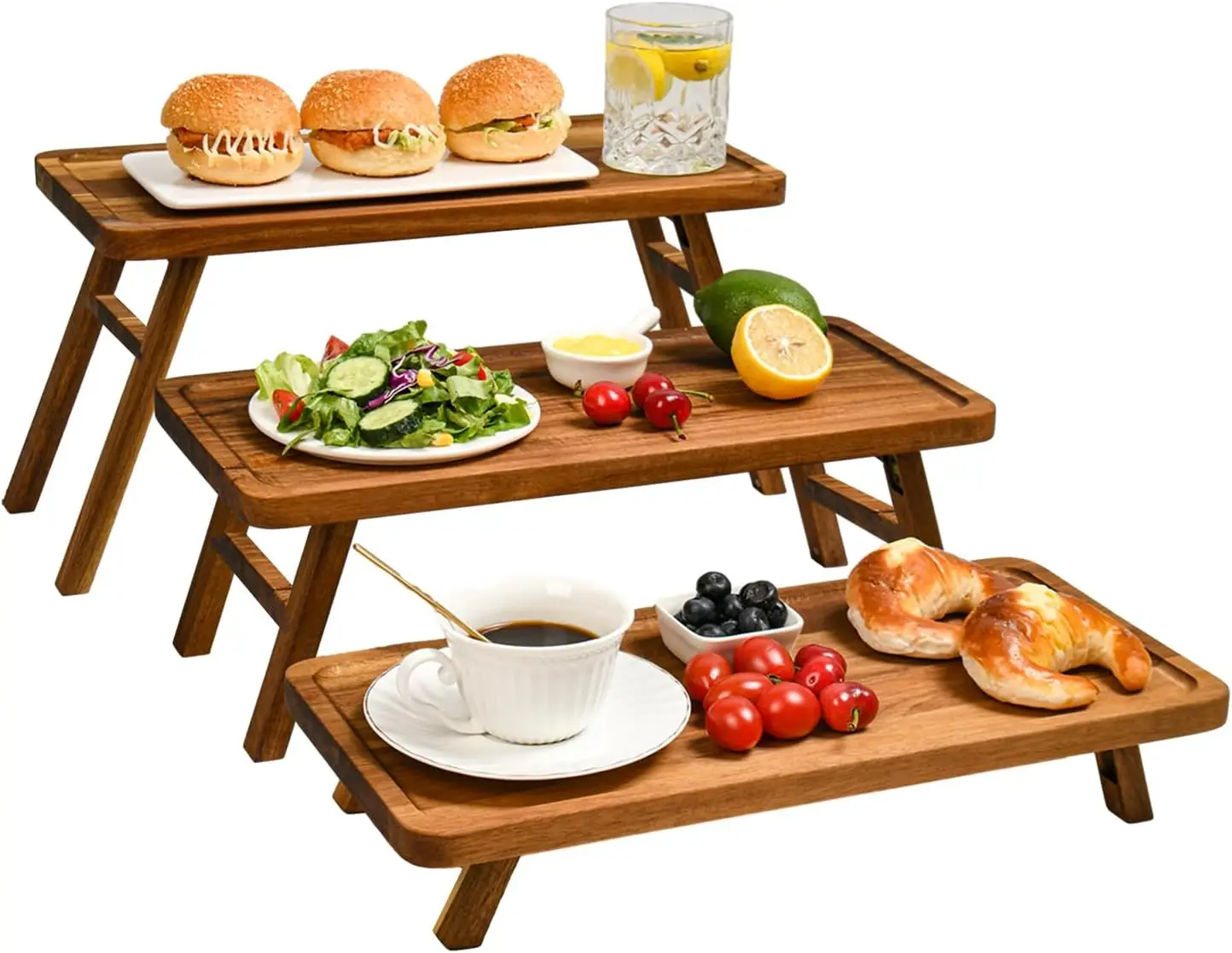 

3-Tier Acacia Wood Serving Stand, Foldable Dessert Display Tray for Parties Weddings Charcuterie