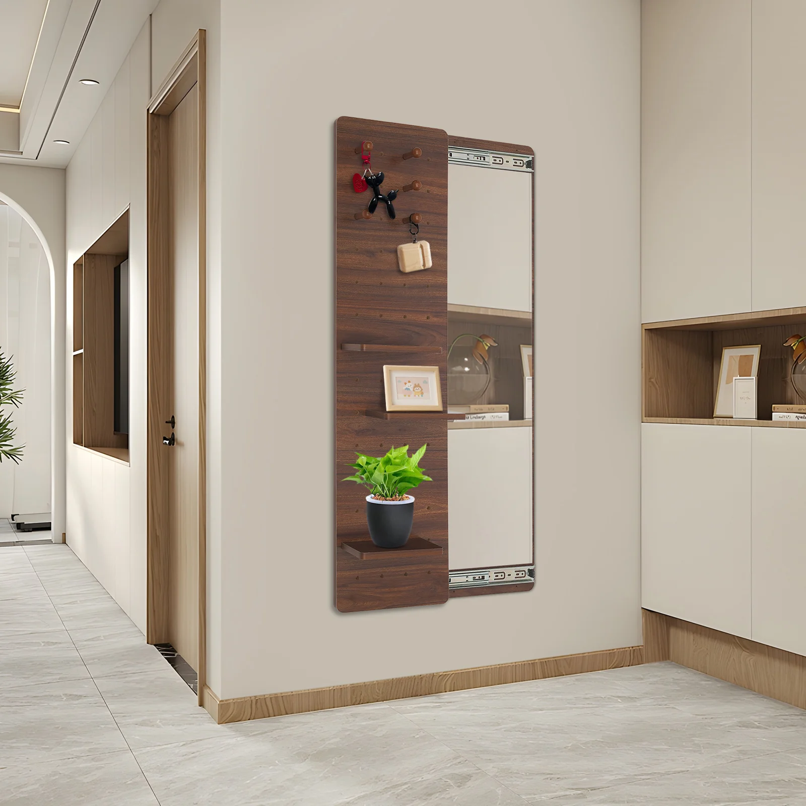 

Sliding Wall Mirror with Pegboard Shelf, Modern Full Length Bathroom Mirror with 3 Adjustable Shelves & 6 Hooks, Space Saving