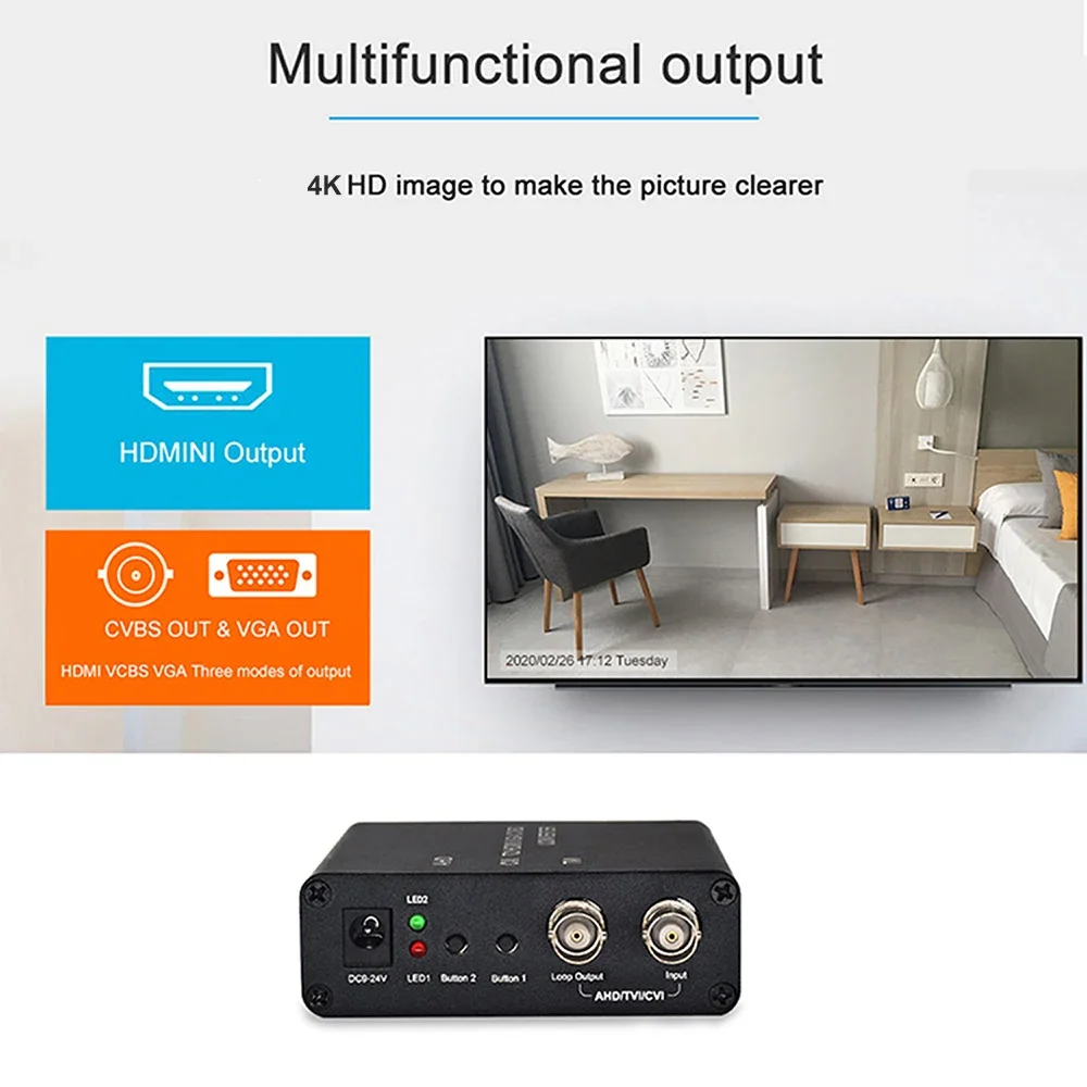 8MP 4K Camera Video Converter TVI/AHD/CVI To HDMI/CVBS/VGA Converter Looping TVI/AHD/CVI Output for Surveillance Camera System