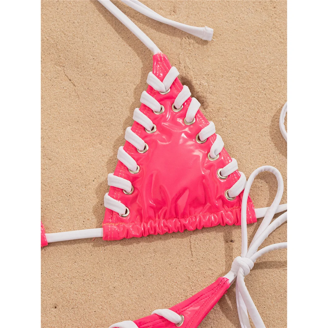 PU-Kunstleder-Bikini mit Neckholder, Damen-Badeanzug, zweiteiliges Bikini-Set, hoch geschnittene Beine, Badebekleidung, Badeanzug, Modell V8095 – Detail 6