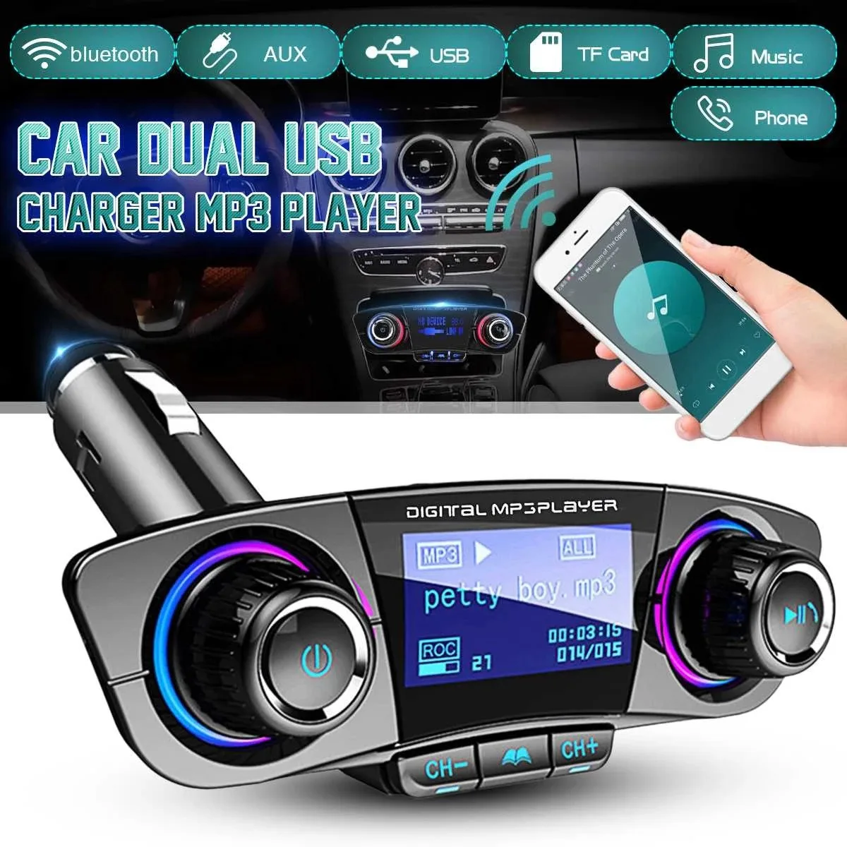 Car Bluetooth Audio MP3 Player FM Transmitter Dual USB Charger One Key Handsfree AUX TF Card U Disk 1.3inch LED Display