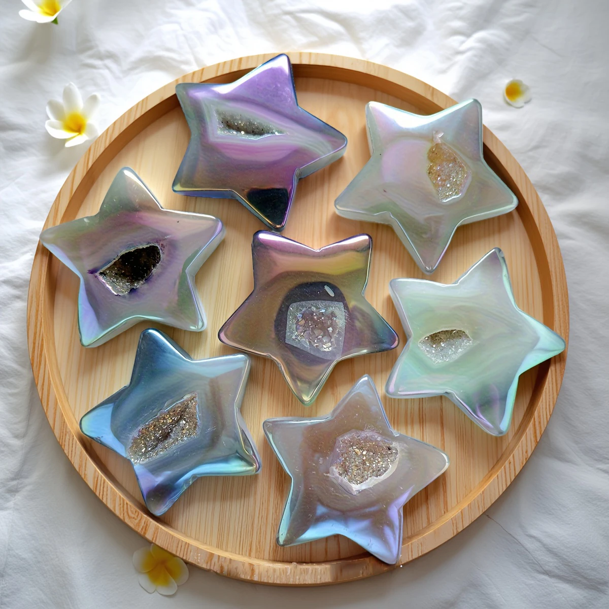 1 pièce Pierre de palmier pentagramme en agate Aura cristalline naturelle, forme grotte, ornement décoratif pour la maison et le bureau
