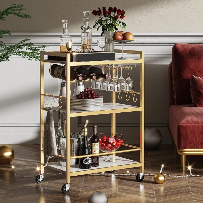 Bar Cart - Serving Cart for Home - Microwave Cart, Drink Cart, Mobile Kitchen Shelf with Wine Rack and Glass Holder