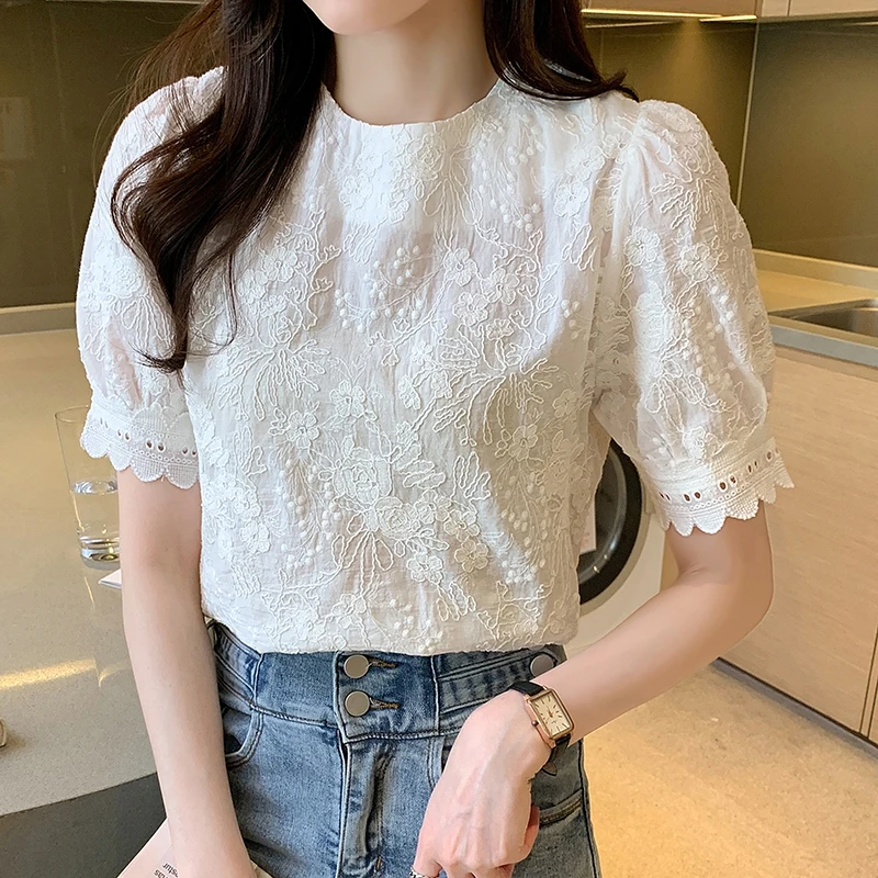 Summer Lace Blouse Women Elegant Vintage Sweet Puff Sleeve Tops Chiffon Shirt Women Short Sleeve Embroidery Blouses Blusas 21262