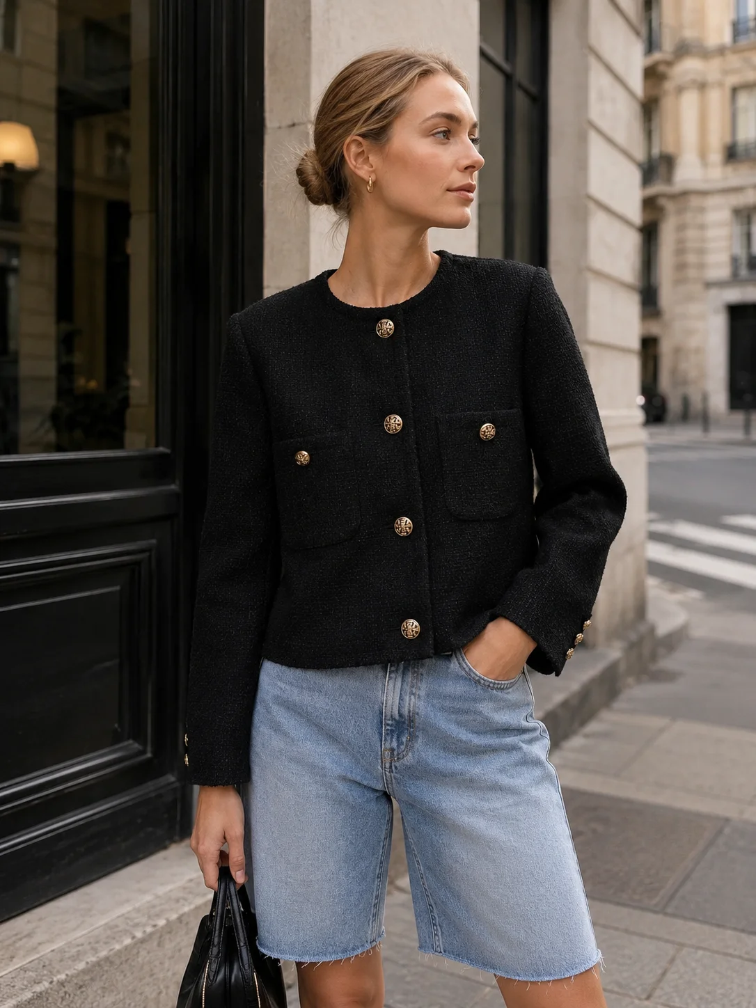Women Fashion Tweed Cropped Blazer Jacket Single Breasted O-neck Long Sleeves Black Coat for Spring Autumn Party Coat