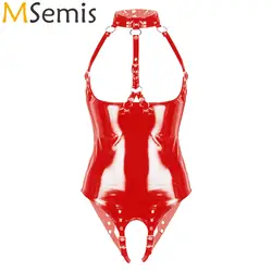 Womens Patent Leather Sexy Teddies Costume Lingerie Crotchless Leotard Bodysuit Wet Look Halter Neck Bare Breast Nightwear