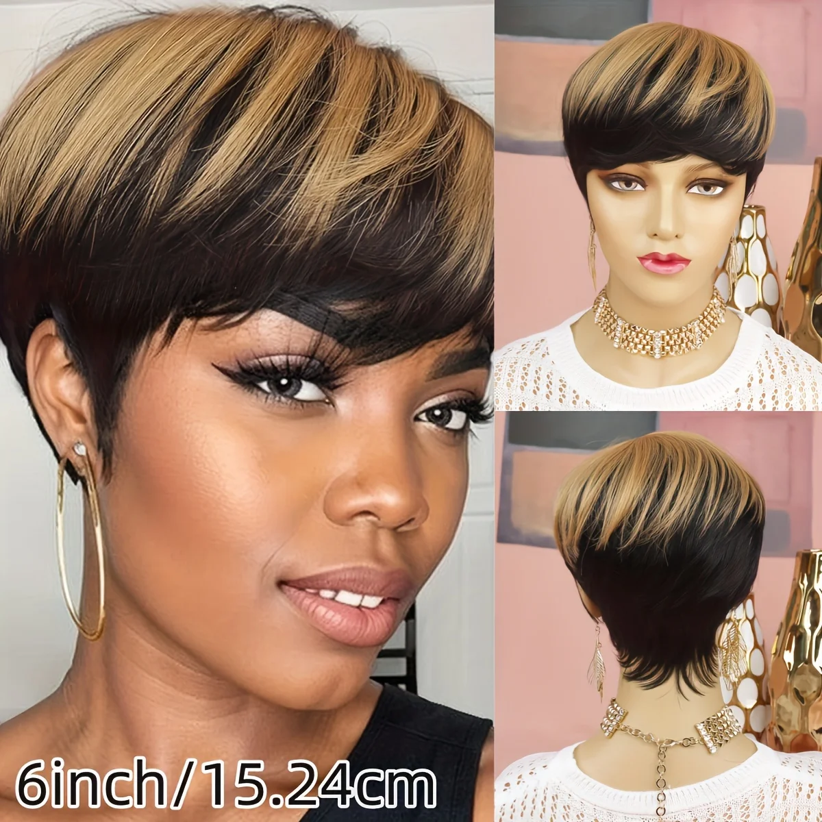 Short Straight Pixie Cut Peruca de Cabelo Humano para Mulheres, Máquina Feita, 6 ", Preto, Cor 1b27, Uso Diário de Festa