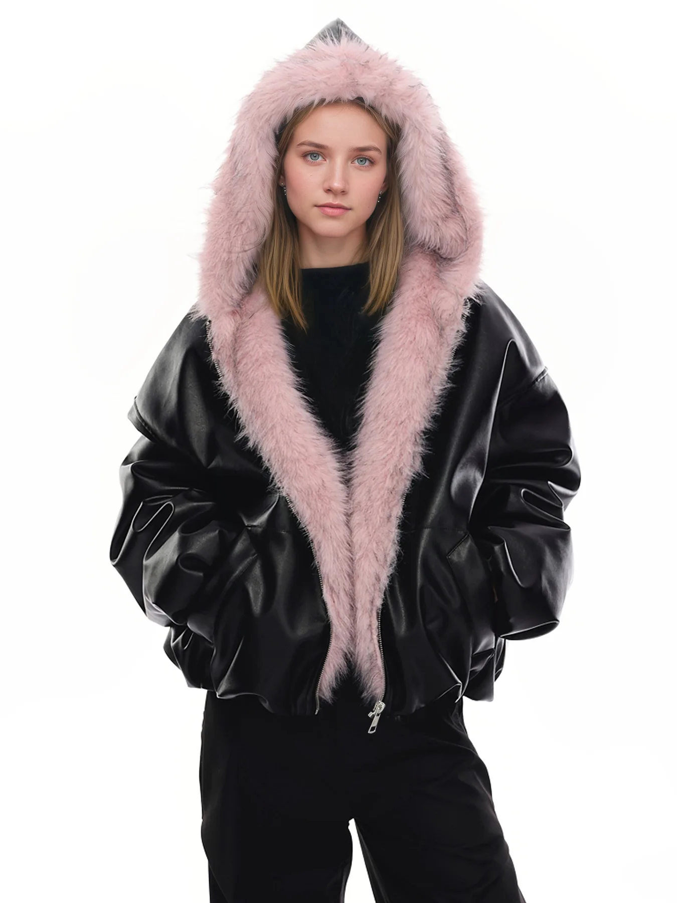 THRUM Reversible Faux Leather Bomber Contrast Faux Fur Hooded Batwing Sleeve Loose Fit Woman Edgy Streetwear