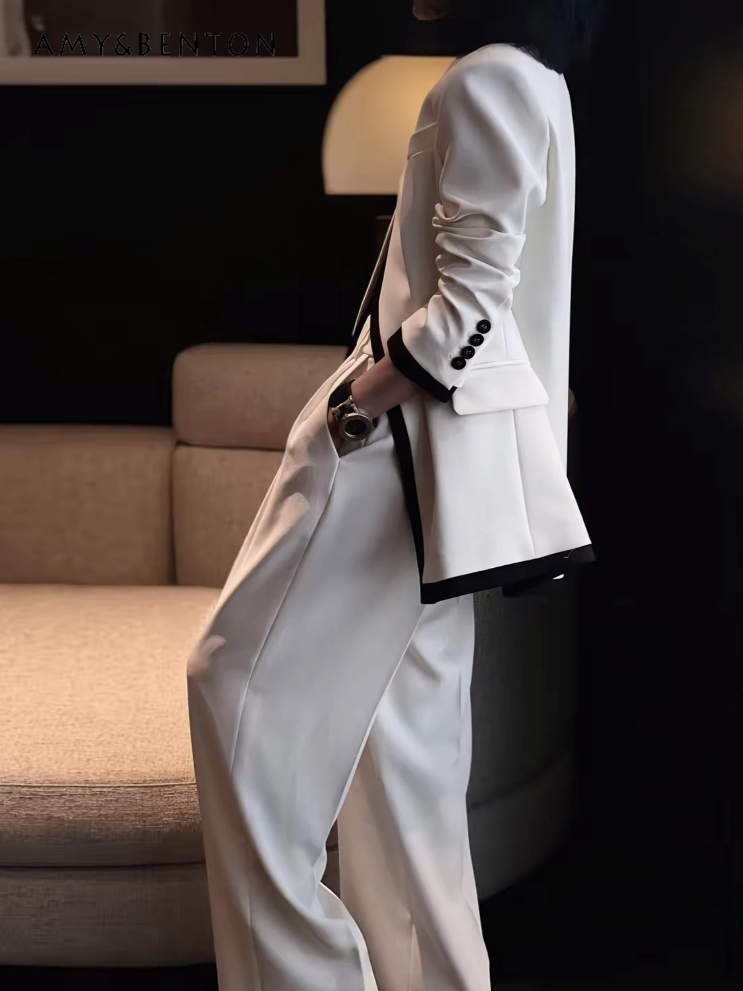 High-End Ladies Professional Suit Two-Piece Sets Womens Elegant Graceful Simple White Loose Suit Jacket Slim Wide-Leg Pants Sets