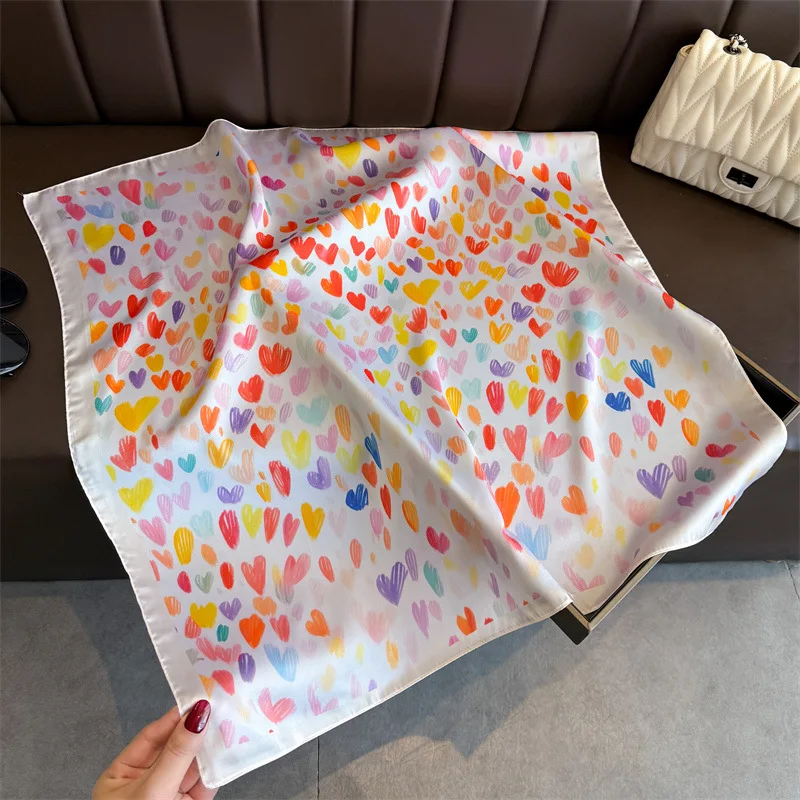 Heart-shaped Print Silk Square Scarf Women 70cm Soft Satin Hairband Kerchief Hands Bag Ribbon Foulard Hijab Neckerchief Headband