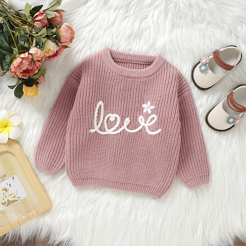 

Cute Baby Girls Warm Knitted Sweater with Long Sleeves and Floral Embroidery Detail - Cozy Pullover Knitwear for Winter