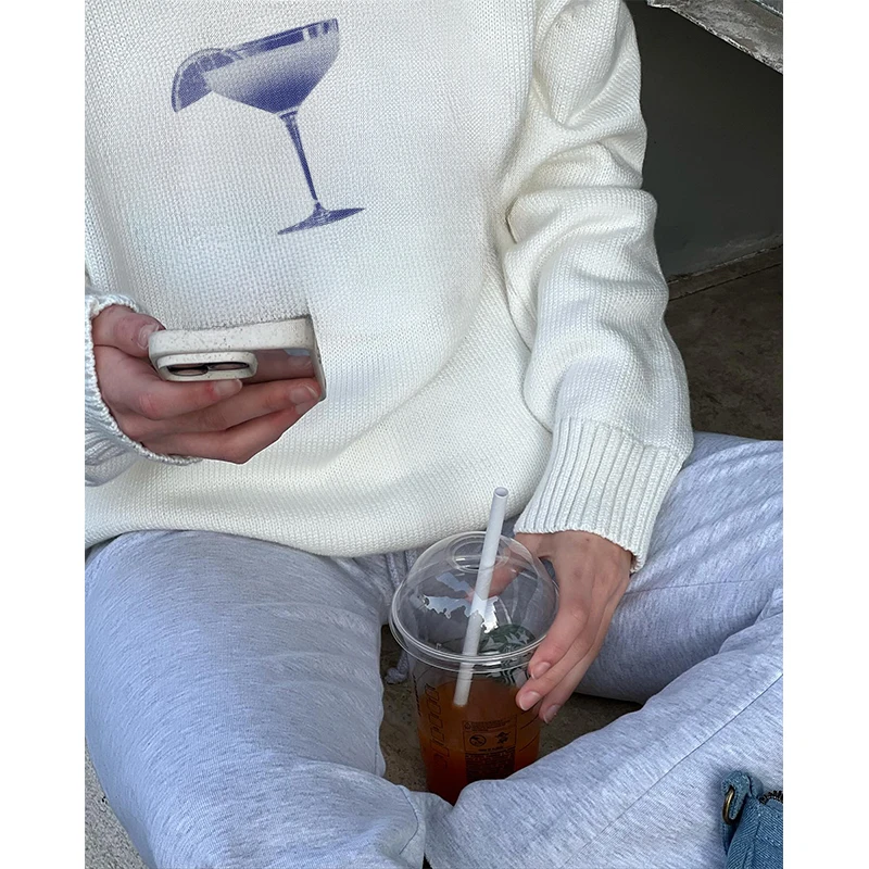 Autumn And Winter Korean Fashion 2024 New Sweater Ladies Wine Glass Pattern Printing Round Neck Shopping Solid Color Pullover