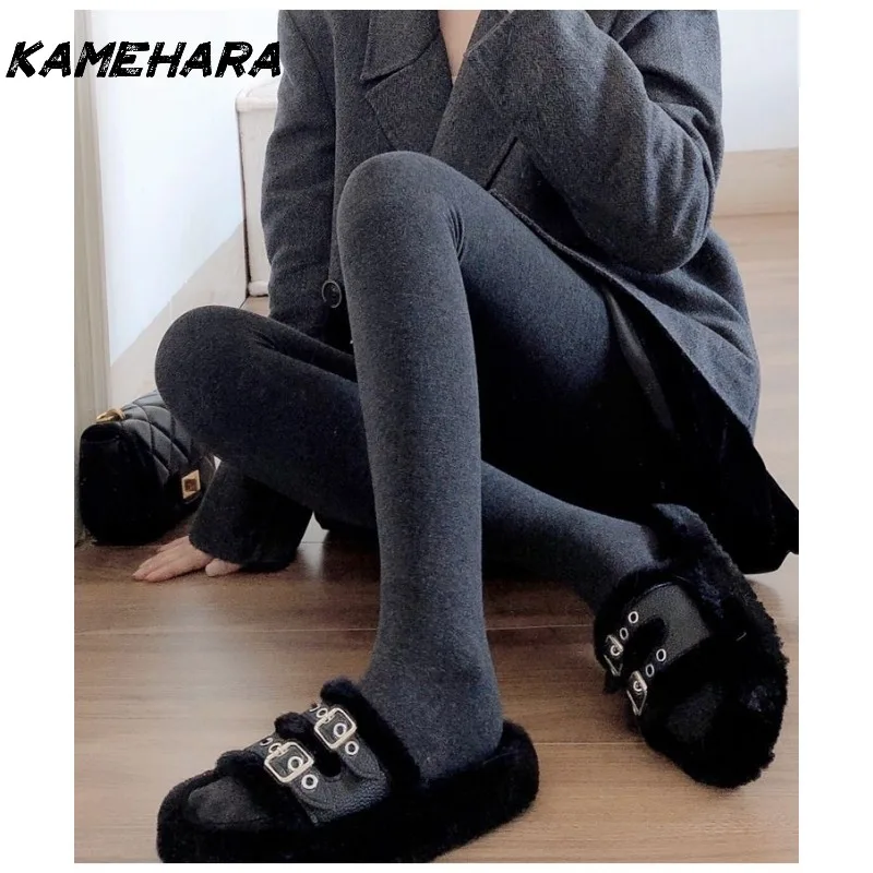 

KAMEHARA Hot Girl Smoke Gray Pantyhose Autumn Winter Thickened Fleece Solid Colored Warm Leggings Dark Gray Ankle Socks Gothic