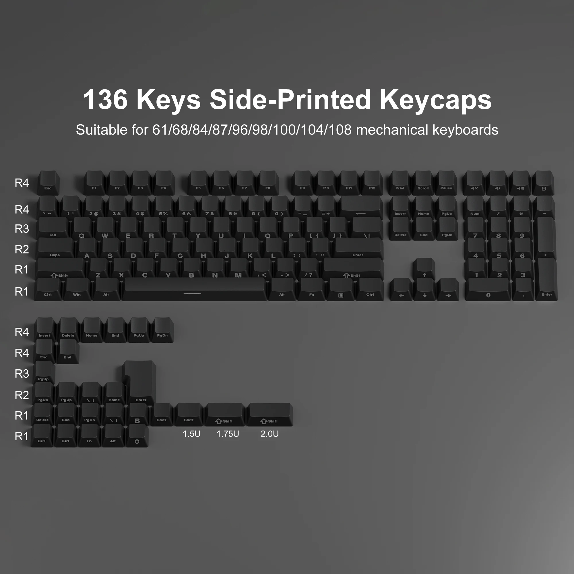 136 Key Black Side-lit Shine Through Backlit keycaps PBT Double