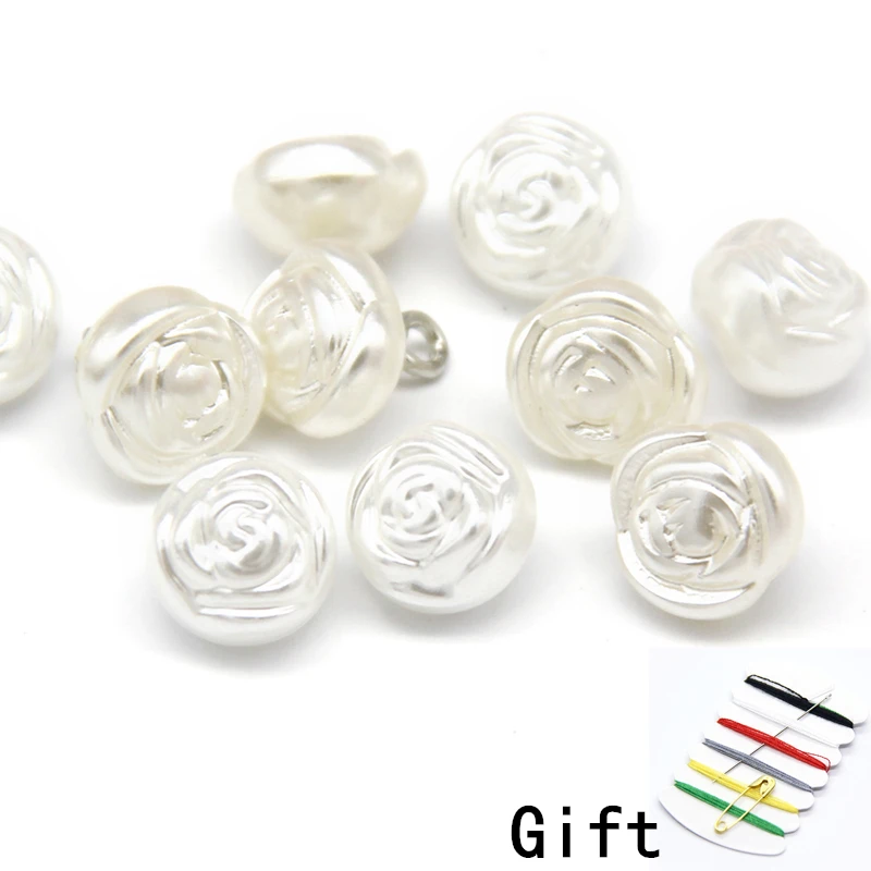 10mm Rose Flower Faux Pearl Plastic Shirt Buttons For Clothing Vintage Women Wedding Decoration Sewing DIY Accessories Wholesale