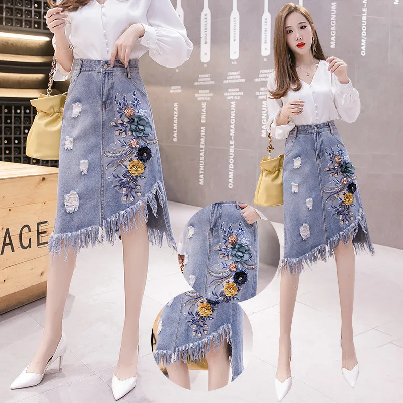 Women Autumn Fashion Brand Korea Style Three-dimensional Flower Patchwork Hole Tassel Skirt Female Denim Irregular Skirt Cloth