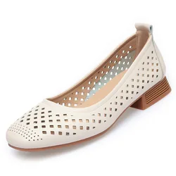 Women Shoes Leather Loafers Square Toe Slip On Flat Shoes Women Soft Bottom Hollow Out Shoes Women Breathable Casual Shoes