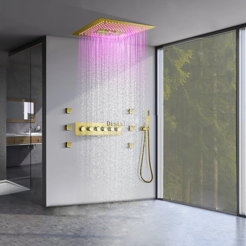 

LED Shower System, Ceiling Rain Waterfall Shower Faucet Fixture Set, Shower Head and Handheld with 6 Full Body Spray Jets