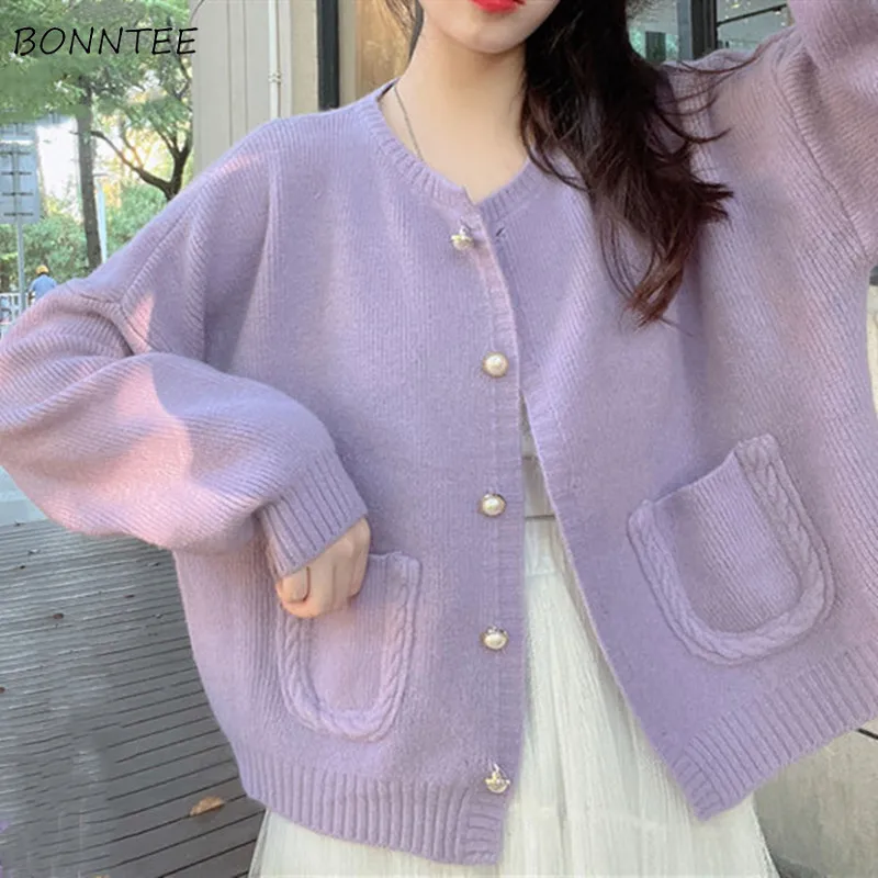 Crop Cardigans Women Elegant Loose Outwear Pockets Fashion Design All-match Ladies Streetwear O-neck Popular Knitted Temper Soft