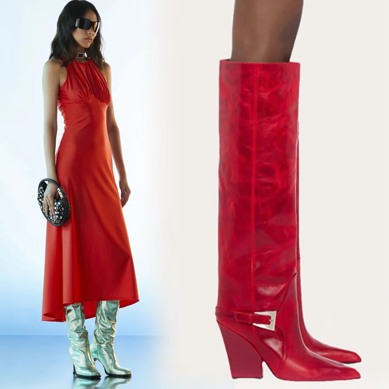 

Pointed Toe Thick High Heel Metal Buckle Over-The-Knee Boots Simple Slimming Long Boots Large Size Elegant Sleeve Women Boots