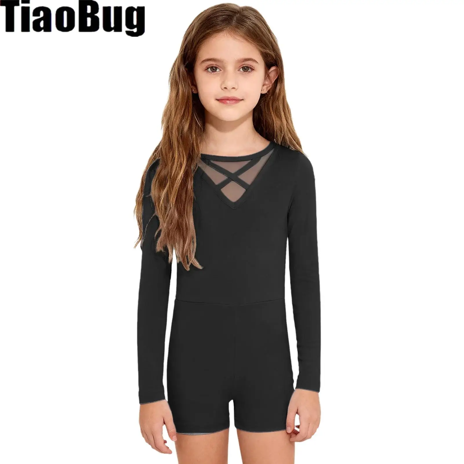 

Kids Girls Ballet Dance Bodysuit Long Sleeves Sheer Mesh Cross Front Back Gymnastics Jumpsuit Dancewear