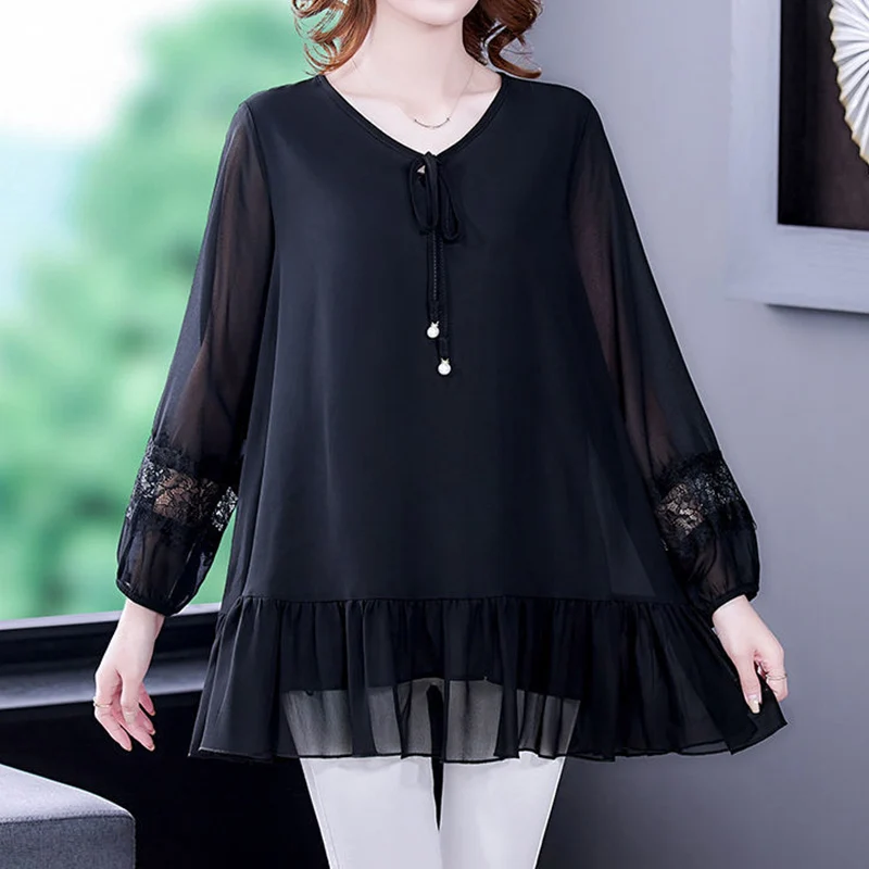 Casual Fashion Solid Drawstring Folds Chiffon Shirt Summer Autumn V-Neck Long/Short Sleeve Loose Blouse Ladies Clothes JJ94
