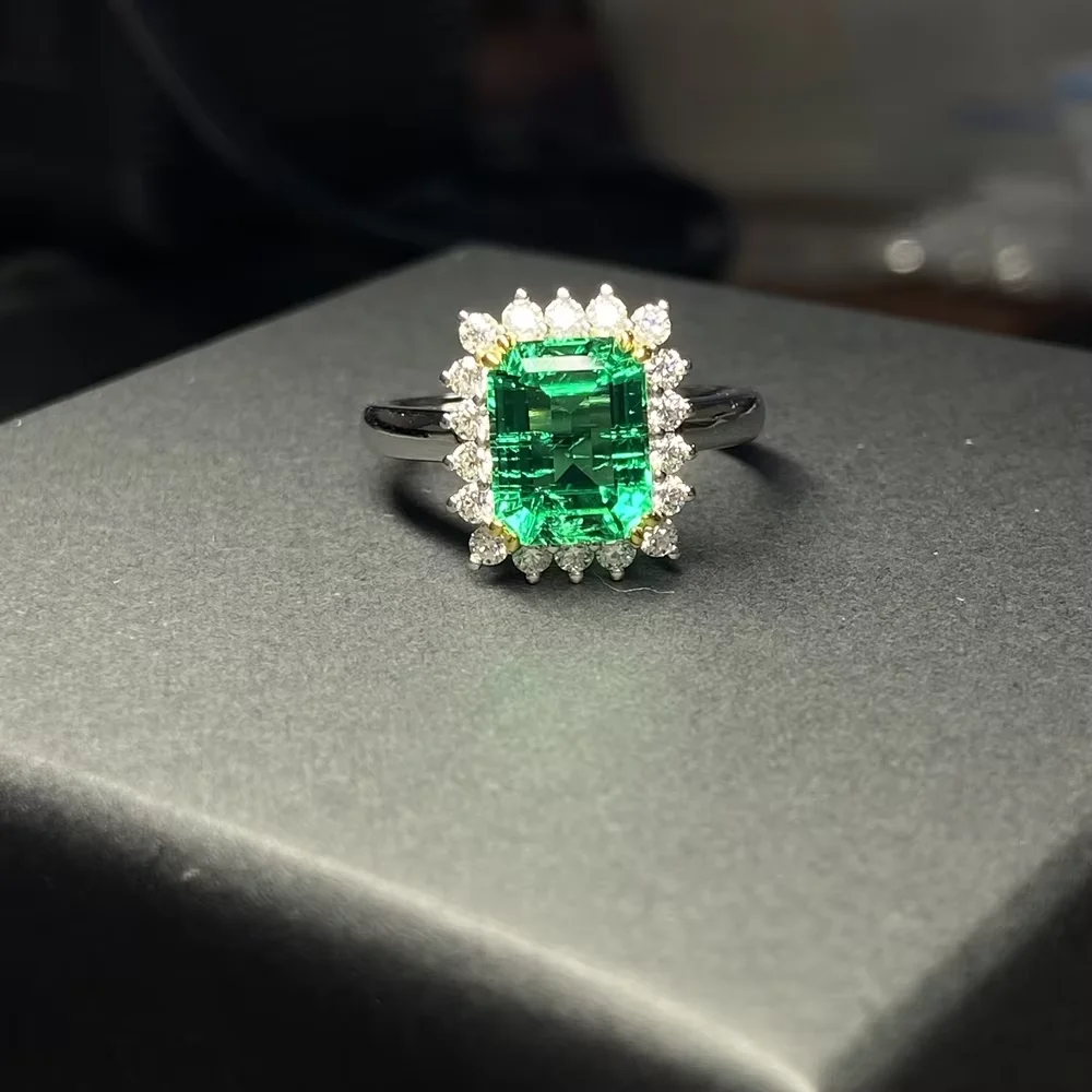 S925 Rings 7x9mm Lab Hydrothermal Emerald Stone Ring Small Moissanite Diamonds Fine Jewelry