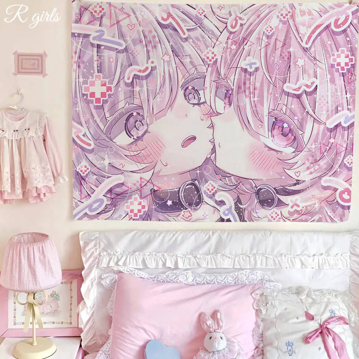 VIKAMA Japanese Cute Girl Anime Tapestry, Y2K Girlish Healing Wall Hanging for Bedroom