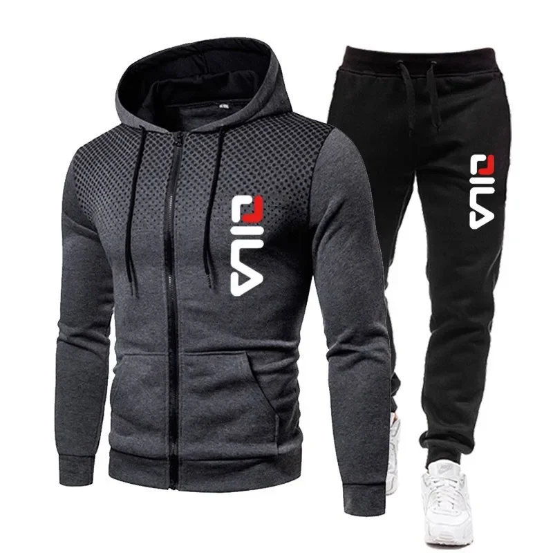 Autumn and winter outdoor new fashion fitness slow sport running suit men's zipper hooded jacket + casual pants two-piece set