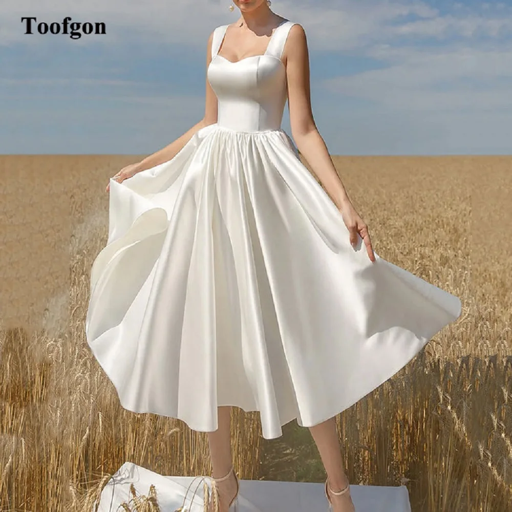 

Toofgon Simple Satin Boho Short Wedding Dresses Princess Countryside Women Bridal Gowns Formal Prom Party Event Dress Customized