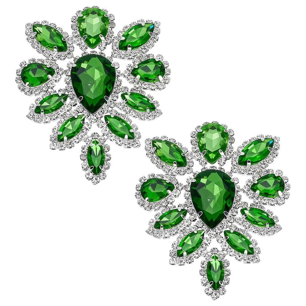 2 PCS Rhinestone Applique Peridot Teardrop Shape Rhinestone Appliques Wedding Bridal Decorative Patches Beaded Flower Patch