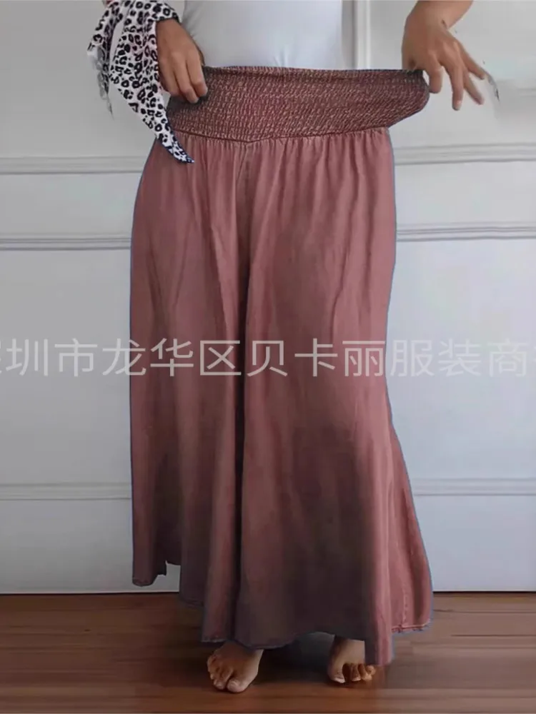 2025 Summer New Women's Solid Color Wide Leg Pants Fashionable And Casual Drawstring Pants Elastic Waistband Pocket Loose Pants