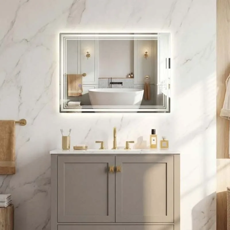Beschlagfreier Badezimmerspiegel mit Touch-Steuerung, 3 Farblichtfunktionen, Gehärtetem Glas, Horizontaler und Vertikaler Montage, Moderner Schminkspiegel für die Wand
