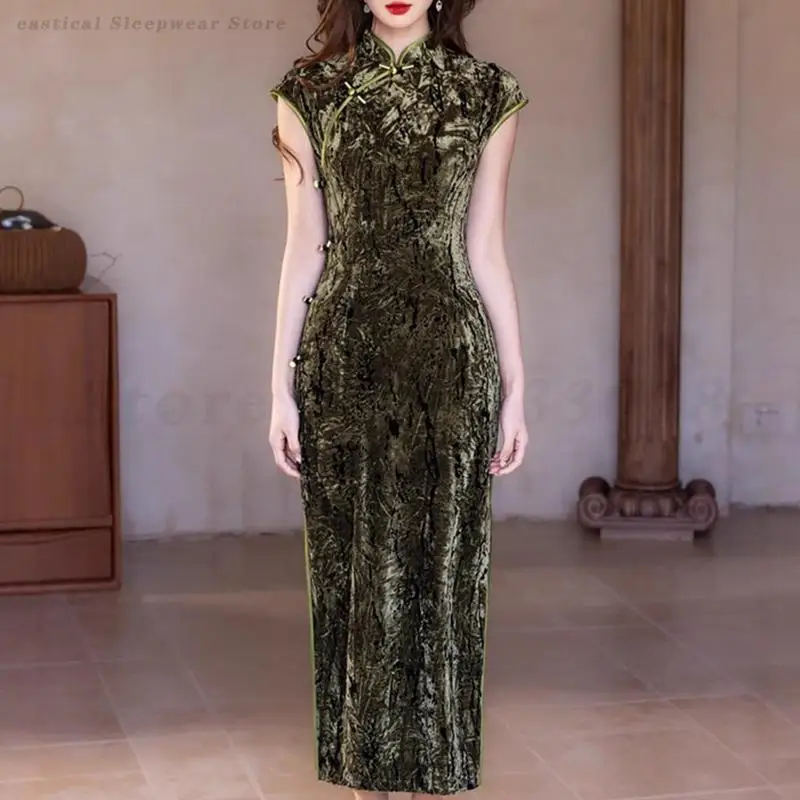 

Vintage Velvet Chesongam Women Sexy Sleeveless Slit Qipao Long Elegant Chinese Improved Dress Grace Banquet Dress Gown Plus Size