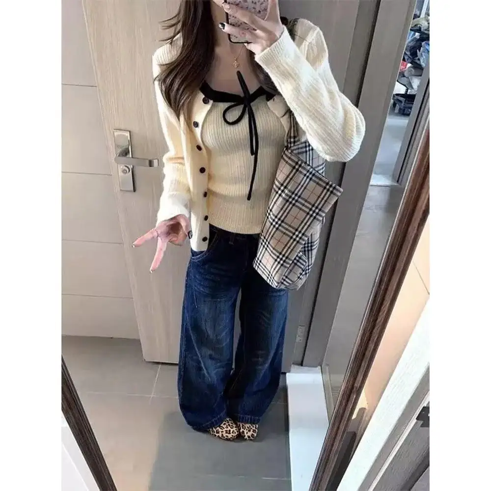 

Модный тонкий цветной комплект из двух предметов: облегающий топ и кардиган на пуговицах, новинка весна-осень от Dongda Gate