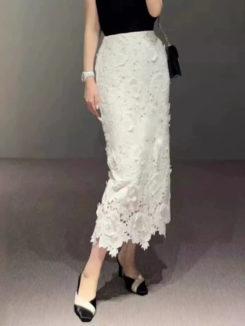 Elegant Lace Asymmetrical Skirt Women Vintage Y2K Boho High Waist Hollow Mesh Patchwork Layered Maxi Skirts Lady Holiday 4G3W