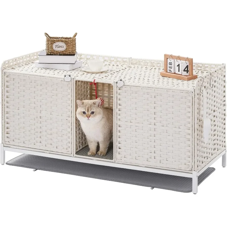 علبة نفايات كبيرة للقطط من الروطان لقطتين بتصميم مخفي وغرفة مزدوجة وباب 47.3 لتر × 19.7 عرض × 24 ساعة تتضمن حصيرة و