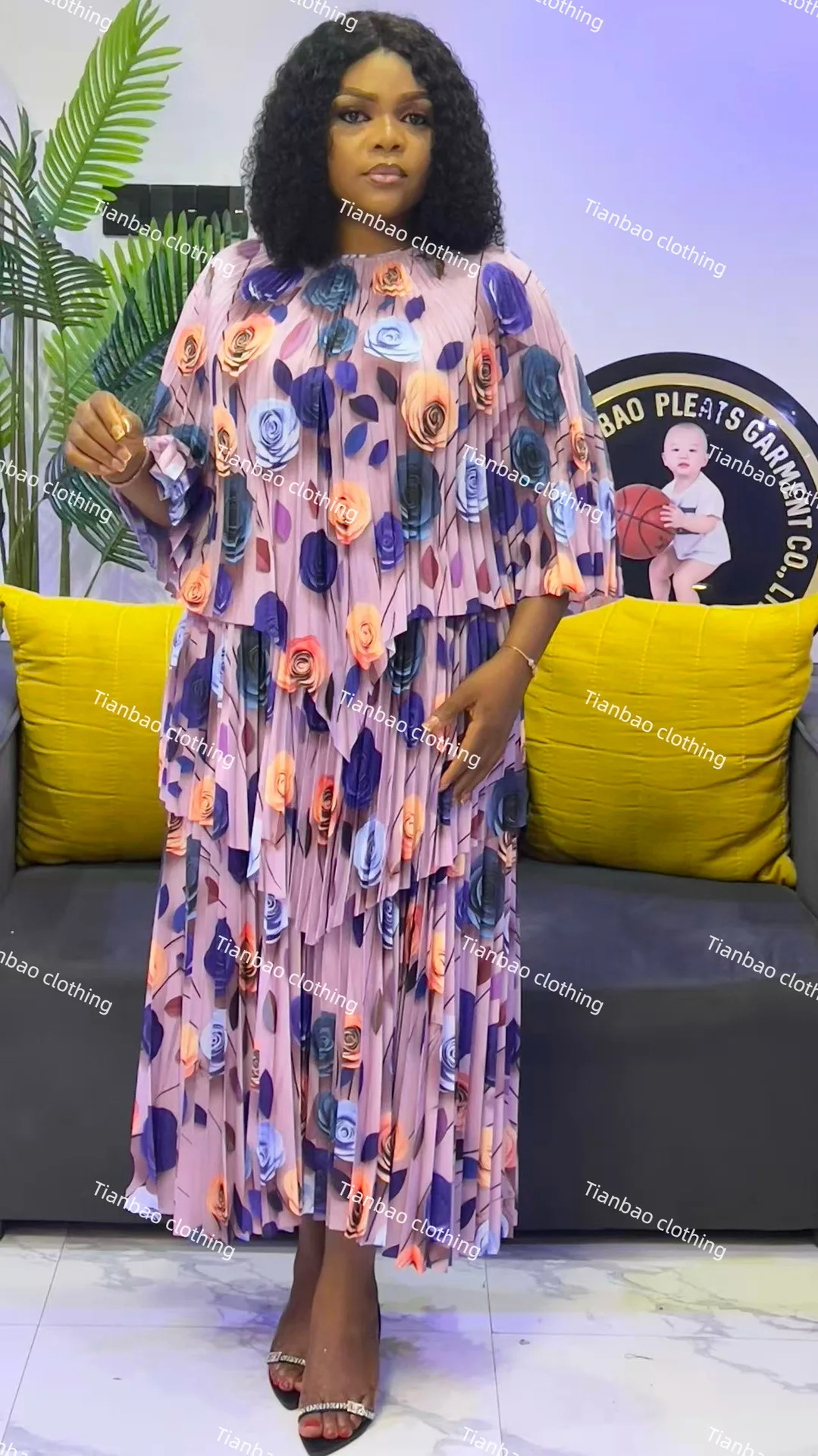 مياكي الطيات بالجملة الطباعة فستان غير منتظم قطعتين مجموعة الربط فستان طويل فضفاض مجموعة الملابس النسائية الخريف جديد